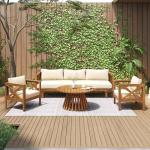 Merax Outdoor 4-Piece Acacia Wood Conversation Set - Patio 3-Seat Loveseat Sofa w/Coushion, 2 Armchair and Round Coffee Table for Backyard, Lawn, Balcony, Teak + Beige