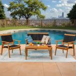 Devoko 4 Pieces Acacia Wood Patio Conversation Sets, Patio Furniture Set with Hand Woven Rope Seats and Back, Outdoor Chair and Table Set for 4 for Balcony, Backyard, Deck, Poolside