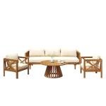 Merax Outdoor 4-Piece Acacia Wood Conversation Set - Patio 3-Seat Loveseat Sofa w/Coushion, 2 Armchair and Round Coffee Table for Backyard, Lawn, Balcony, Teak + Beige