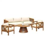 Merax Outdoor 4-Piece Acacia Wood Conversation Set - Patio 3-Seat Loveseat Sofa w/Coushion, 2 Armchair and Round Coffee Table for Backyard, Lawn, Balcony, Teak + Beige