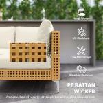 Outsunny 7 Piece Wicker Patio Furniture Set, Modular Outdoor Sectional with Thickened Cushions, Rattan Outdoor Furniture Conversation Set with Slatted Acacia Wood Table for Backyard, Khaki/Beige