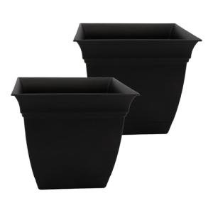 The HC Companies 12 Inch Eclipse Square Planter Pots with Drainage Holes & Attached Saucer, Lightweight UV-Resistant Plastic Indoor Outdoor Planters, 2-Pack Flower Pots for Garden & Home Decor, Black
