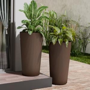 Trygoal 23.6" Tall Planters for Outdoor Plants,Large Outdoor Planters for Front Porch Decor with Drainage Hole, Flower Pots Fits Indoor Plants Patio/Garden, Plastic Striped Brown(2 Pack)