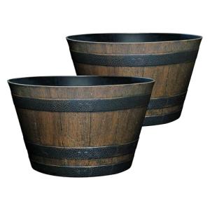 Classic Home and Garden Outdoor Whiskey Resin Flower Pot Barrel Planter, Walnut Brown, 20.5" (2 Pack)