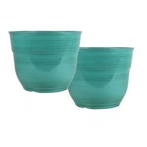 Garden Elements Indoor/Outdoor Glazed Brushed Happy Plastic Planter, Large, Dark Aqua, 15" (Pack of 2)