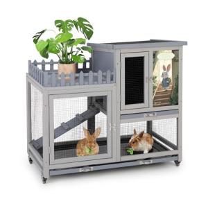 Wood Rabbit Hutch with Balcony - Small Animal House Bunny Cage on Wheels for Indoor Outdoor, Rabbit Cage Included Ramp, Pull Out Tray, (Grey with Pattern)