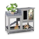 Wood Rabbit Hutch with Balcony - Small Animal House Bunny Cage on Wheels for Indoor Outdoor, Rabbit Cage Included Ramp, Pull Out Tray, (Grey with Pattern)