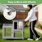 Wood Rabbit Hutch with Balcony - Small Animal House Bunny Cage on Wheels for Indoor Outdoor, Rabbit Cage Included Ramp, Pull Out Tray, (Grey with Pattern)