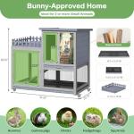 Wood Rabbit Hutch with Balcony - Small Animal House Bunny Cage on Wheels for Indoor Outdoor, Rabbit Cage Included Ramp, Pull Out Tray, (Grey with Pattern)