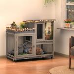 Wood Rabbit Hutch with Balcony - Small Animal House Bunny Cage on Wheels for Indoor Outdoor, Rabbit Cage Included Ramp, Pull Out Tray, (Grey with Pattern)
