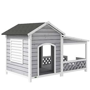 PawHut Wooden Dog House Outdoor with Porch, Cabin Style Raised Dog Shelter with Asphalt Roof, Doors, and Shutter Window, for Medium Large Sized Dog, Light Gray
