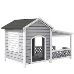 PawHut Wooden Dog House Outdoor with Porch, Cabin Style Raised Dog Shelter with Asphalt Roof, Doors, and Shutter Window, for Medium Large Sized Dog, Light Gray