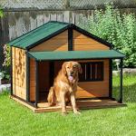 PawHut Outdoor Dog House Cabin Style, Wooden Raised Pet Kennel with Asphalt Roof, Front Door, Side Window, Porch for Medium/Large Dogs, Loading 53 lbs, Yellow