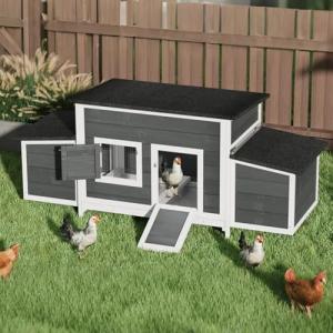 DWVO Solid Wood Chicken Coop for 4-6 Chickens, Outdoor Wooden Chicken Run Pen with 2 Nesting Boxes, Poultry Cage Rabbit Hutch Duck Coop Hen House w Weatherproof Roof & Removable Tray, Grey