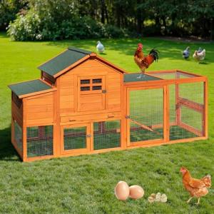 WHEGETED Large Chicken Coop Outdoor Durable Duck House Poultry Pet Hutch & 2 Wood Eggs Run Cage Nesting Box Waterproof Asphalt Roof Ramp Removable Tray Wire Fence for Backyard Small Animal Orange 79"