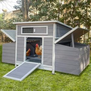 Chicken Coop, 58" Wooden Chicken Coop with 2 Sides Large Nesting Boxes for 4-6 Chickens, Poultry Hutch Rabbit Cage with No-Slip Ramp & Pull-Out Tray for Outdoor Farm Yard (Dark Grey)