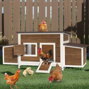 DWVO Solid Wood Chicken Coop for 4-6 Chickens, Outdoor Wooden Chicken Run Pen with 2 Nesting Boxes, Poultry Cage Rabbit Hutch Duck Coop Hen House w Weatherproof Roof & Removable Tray, Brown