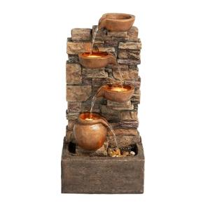 Teamson Home 28.5" Outdoor 4-Tier Stacked Stone Cascading Water Fountain with LED Lights, Brown