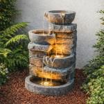 Teamson Home 33" Outdoor Water Fountain with LED Lights, 3-Tier Cascading Bowls, Weather-Resistant Resin Garden Water Feature for Patio, Lawn, and Backyard Decor – Stone Gray