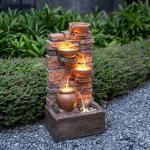 Teamson Home 28.5" Outdoor 4-Tier Stacked Stone Cascading Water Fountain with LED Lights, Brown