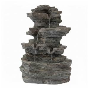 Tabletop Waterfall Fountain with Cascading Rock and LED Lights - Resin Tiered Stones for Office, Patio, and Home Decor by Pure Garden (Gray)