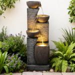 Pivotify 38.2" Tall Water Fountain Outdoor Garden,4 Tiers Modern Cascading Bowls and Stacked Stones Indoor Fountains with LED Lights for Garden, Patio, Deck, Porch, Backyard and Home Art Decor(Grey)