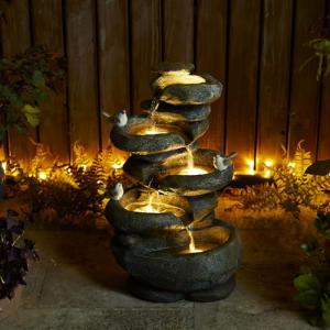 Glitzhome 5-Tier Cascading Rock Outdoor Water Fountain with LED Light & Pump, Natural Stacked Stone Look Water Fountain with Lively Birds for Garden, Patio, Porch, 23”H