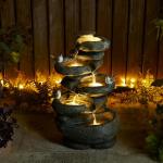 Glitzhome 5-Tier Cascading Rock Outdoor Water Fountain with LED Light & Pump, Natural Stacked Stone Look Water Fountain with Lively Birds for Garden, Patio, Porch, 23”H