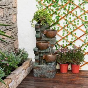 39.37''H Outdoor Water Garden Fountain 5-Tiers Cascading Bowl and Stacked Stones Waterfall Water Feature Indoor Bowl Planter Water Fountain Decor with LED Lights for Garden Patio Porch Backyard