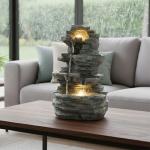 Tabletop Waterfall Fountain with Cascading Rock and LED Lights - Resin Tiered Stones for Office, Patio, and Home Decor by Pure Garden (Gray)