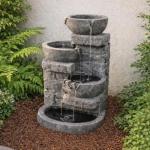 Teamson Home 33" Outdoor Water Fountain with LED Lights, 3-Tier Cascading Bowls, Weather-Resistant Resin Garden Water Feature for Patio, Lawn, and Backyard Decor – Stone Gray