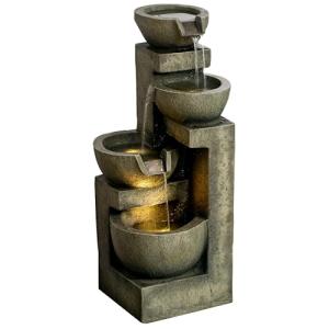 Outsunny Outdoor Fountain with 4-Tier Stacked Stone Look Bowls, Cascading Waterfall, Adjustable Flow & LED Lights, Rustic Décor for Patio, Zen Garden, Backyard, Porch, Gray