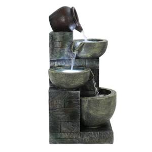 4-Tiers Outdoor Garden Water Fountain, Cascading Bowls and Stacked Stones Outdoor Water Fountains, Outside Patio Water Features Fountain with LED Light, Without Atomizer