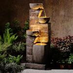 Pivotify 38.2" Tall Water Fountain Outdoor Garden,4 Tiers Modern Cascading Bowls and Stacked Stones Indoor Fountains with LED Lights for Patio, Deck, Porch, Backyard and Home Art Decor(Reddish-Brown