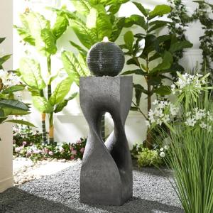 Glitzhome Modern Geometric Outdoor Water Fountain with LED Light, Oversized Pedestal Water Fountains with Submersible Pump, Sphere Floor Standing Fountain with Pebbles for Garden Patio Decor, 40.5”H