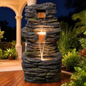 28.8” Tall Rock Water Fountain Outdoor Garden, 3-Tiers Cascading Rock Natural Waterfall Fountains with LED Lights, Indoor Resin Water Feature Fountain for Patio, Backyard, Deck, Porch