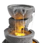 Teamson Home 33" Outdoor Water Fountain with LED Lights, 3-Tier Cascading Bowls, Weather-Resistant Resin Garden Water Feature for Patio, Lawn, and Backyard Decor – Stone Gray