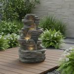 Tabletop Waterfall Fountain with Cascading Rock and LED Lights - Resin Tiered Stones for Office, Patio, and Home Decor by Pure Garden (Gray)