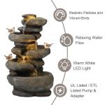 Glitzhome 5-Tier Cascading Rock Outdoor Water Fountain with LED Light & Pump, Natural Stacked Stone Look Water Fountain with Lively Birds for Garden, Patio, Porch, 23”H
