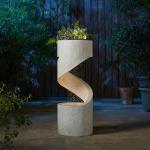 Glitzhome Decorative Tiered Outdoor Water Fountain with LED Light, Curved Waterfall Fountain with Stone Planter, Faux Terrazzo Spiral Shaped Fountains for Garden Deck Patio Porch, 31.25”H