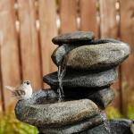Glitzhome 5-Tier Cascading Rock Outdoor Water Fountain with LED Light & Pump, Natural Stacked Stone Look Water Fountain with Lively Birds for Garden, Patio, Porch, 23”H