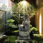 4-Tiers Outdoor Garden Water Fountain, Cascading Bowls and Stacked Stones Outdoor Water Fountains, Outside Patio Water Features Fountain with LED Light, Without Atomizer