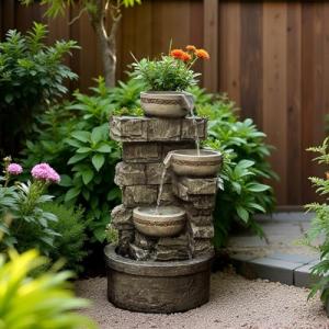 Warm Garden Water Fountian Outdoor - 3 Tiered Bowls Floor Stacked Stone Pump Waterfall Fountain,Provide Flowing Water Feature for Outside Garden,Backyard,Lawn,27 Inch Tall
