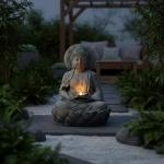 Teamson Home Buddha Zen Statue Water Fountain with LED Light and Pump for Outdoor Patio Garden Backyard Decking, 28 Inch Height, Stone Gray