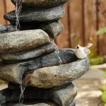 Glitzhome 5-Tier Cascading Rock Outdoor Water Fountain with LED Light & Pump, Natural Stacked Stone Look Water Fountain with Lively Birds for Garden, Patio, Porch, 23”H