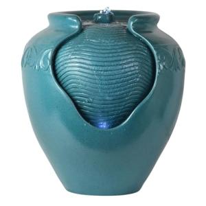 Teamson Home Floor Glazed Pot Water Fountain with Built-in LED Light and Pump for Outdoor Indoor Patio Garden Backyard Decking Home Décor, 17 inch Height, Teal