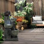 4-Tiers Outdoor Garden Water Fountain, Cascading Bowls and Stacked Stones Outdoor Water Fountains, Outside Patio Water Features Fountain with LED Light, Without Atomizer