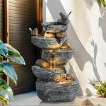 Grepatio Outdoor Water Fountain 5 Tier Cascading Rock Waterfalls Fountains with 4 LED Lights and Pump Indoor/Outdoor Modern Floor Standing Garden Water Fountain for Yard, Patio, House Decor