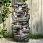 SunJet 40.5” High Rocks Outdoor Water Fountain - 6-Tiers Cascading Waterfall with LED Lights, Soothing Tranquility for Home Garden, Yard Decor
