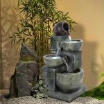 4-Tiers Outdoor Garden Water Fountain, Cascading Bowls and Stacked Stones Outdoor Water Fountains, Outside Patio Water Features Fountain with LED Light, Without Atomizer